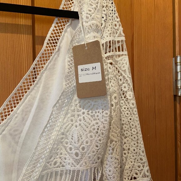 Boho Beach Hut White Lace Backless Mini Dress Bathing Suit Cover Up Sz M NWT - Picture 6 of 6